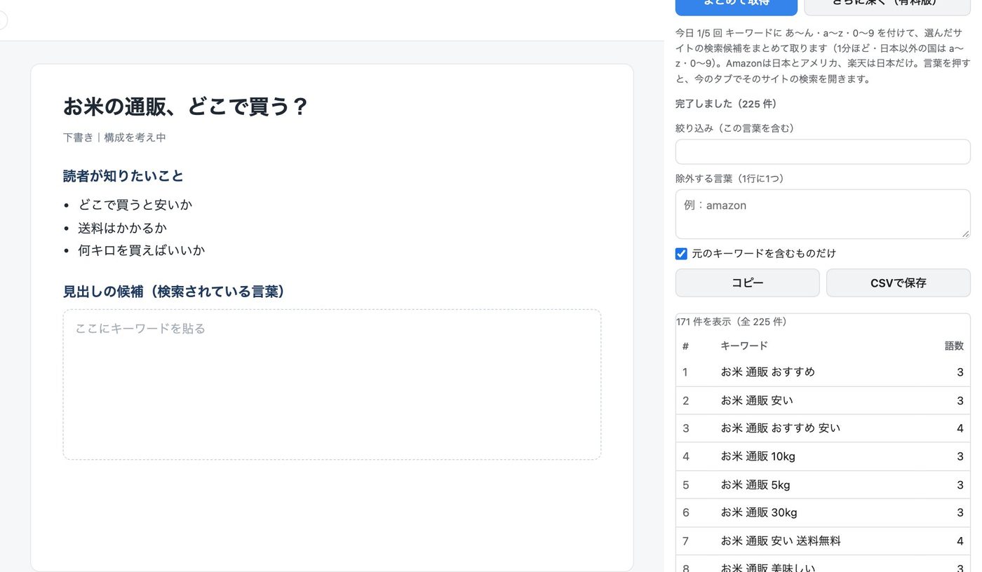 サジェスト一括取得 Google YouTube Amazon 楽天のパネルを開いたところ
