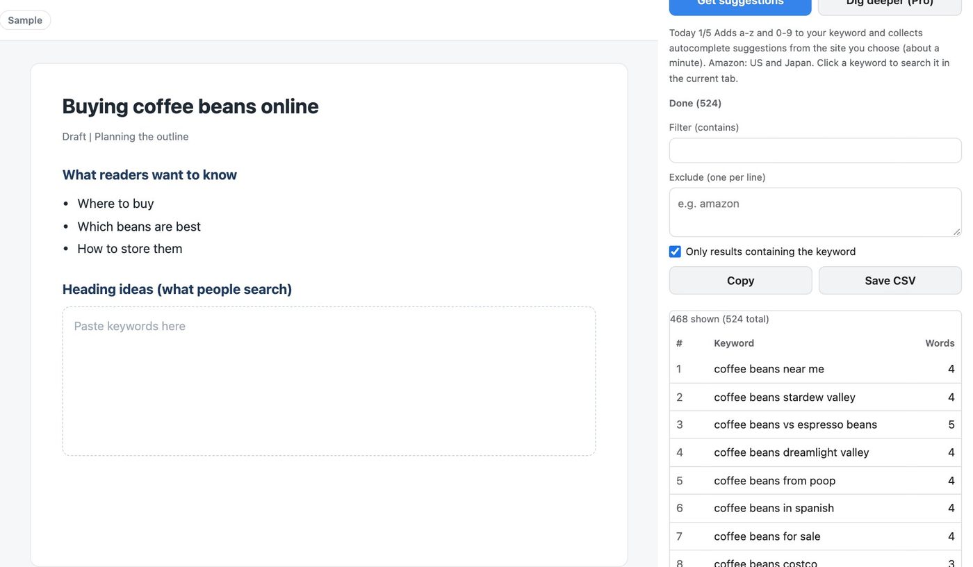 Suggest Keywords for Google, YouTube, Amazon side panel