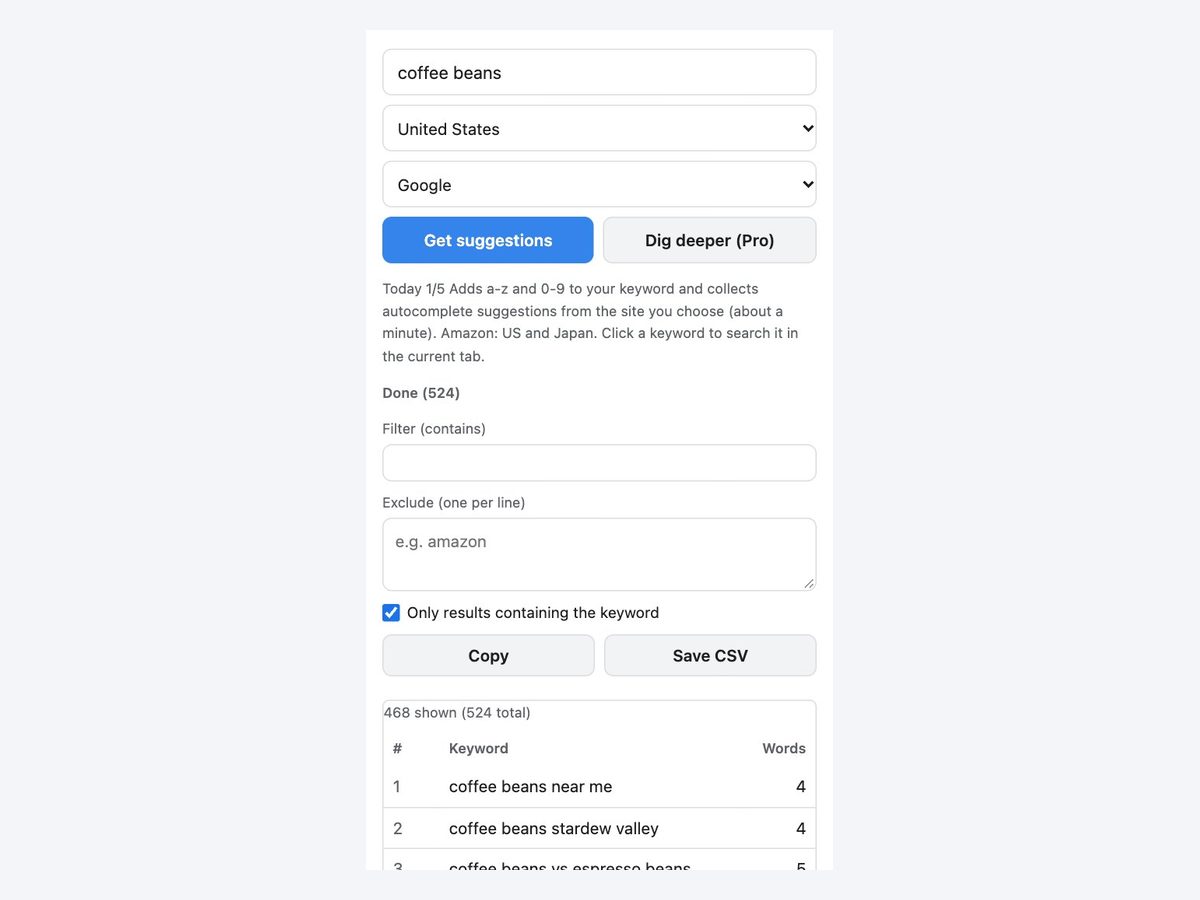 Type a keyword and press Get suggestions